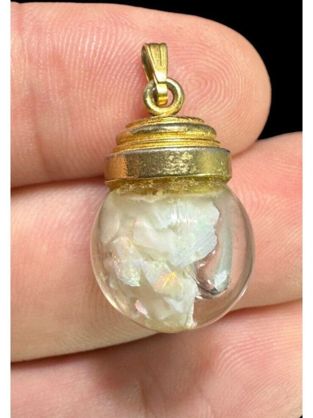 Antique Gold Filled Floating Opal Pendant Vintage Round Orb Dangle - Picture 3 of 5
